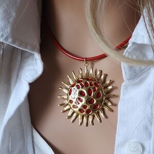 Designer Ivana Ruzzo Red Leather Necklace 14K Gold plated Sun Pendant